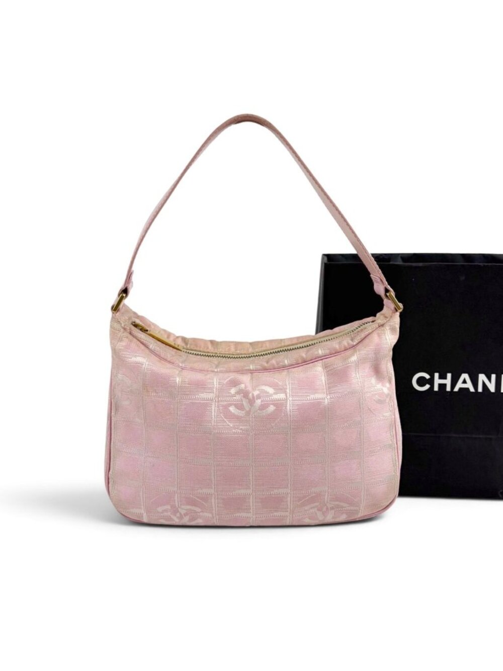 Chanel New Travel Line Hand Pink Mini Handbag Pouch Nylon Canvas CC Logo
